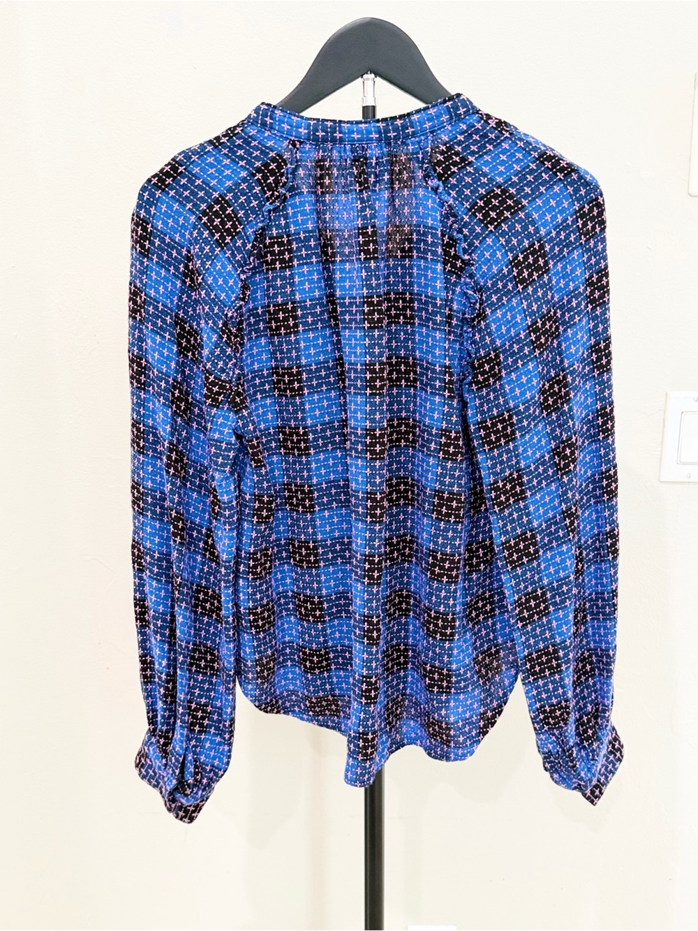 Pilcro Anthropologie Blue Black Pink Wool Blend Plaid Blouse Boho Academia - Picture 4 of 11